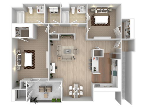 Floor plan for 2 beds, 2 baths, 1400 sqft